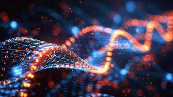 Abstract representation of digital data flow with glowing lines and particles in a dark background photo