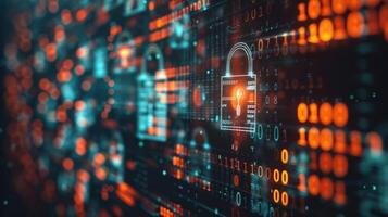 Abstract digital security concept with glowing locks and binary code in a futuristic environment photo