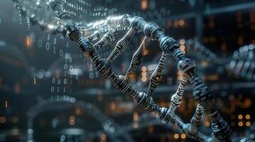 Futuristic representation of DNA structure with binary code in a high-tech environment photo