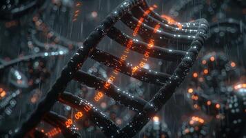 Abstract representation of DNA strands intertwined with binary code in a rain-like environment photo