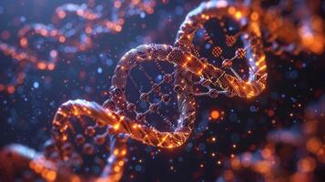 Close-up view of a vibrant DNA double helix with glowing particles in a scientific background photo