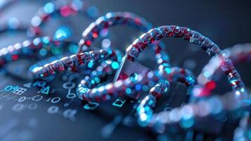 Colorful digital locks intertwined on a circuit board, symbolizing data security and technology photo