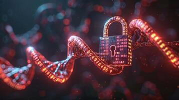 Digital representation of a secure lock entwined in glowing binary code against a dark backdrop photo