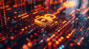 Abstract digital representation of cybersecurity with glowing lock and data streams in background photo