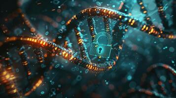 Abstract representation of DNA strands intertwined with a padlock symbolizing genetic security photo