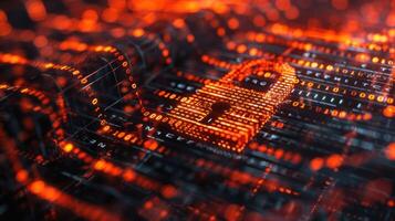 Digital lock symbolizing cybersecurity amidst a backdrop of flowing binary data and networks photo