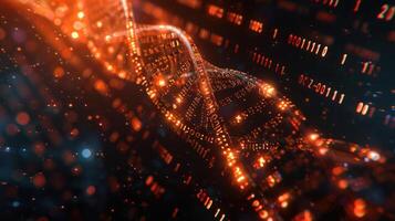 Abstract representation of DNA strands intertwined with glowing binary code in a digital landscape photo