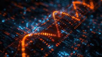 Abstract representation of digital data flow with binary code and glowing strands in a futuristic setting photo