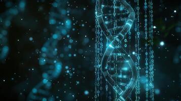 Abstract representation of DNA strands illuminated in blue against a dark background with bokeh photo