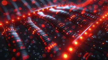 Abstract representation of interconnected digital circuits glowing with red lights and particles photo