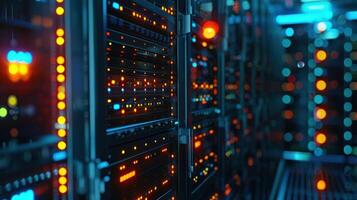 Vibrant Data Center with Glowing Server Racks and Colorful LED Lights in Action photo