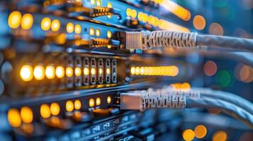 Close-up of illuminated server connections in a data center with blurred background lights photo