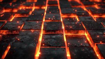 Close-up view of glowing lava stones arranged in a grid pattern, creating a fiery atmosphere photo