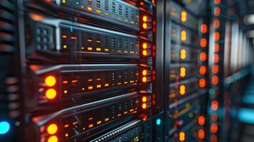 Detailed view of illuminated server racks in a data center showcasing technology in operation photo