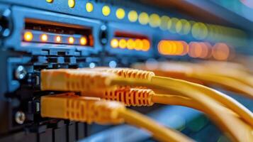 Close-up view of network cables connected to a switch with illuminated indicators in a server room photo