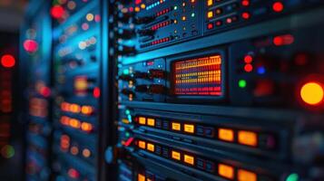 Close-up view of illuminated server racks in a data center, showcasing technology in use photo