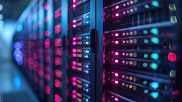 Colorful server racks illuminated with vibrant lights in a modern data center environment photo