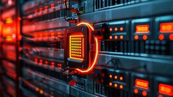 Close-up of a glowing server component in a data center with illuminated wires and circuits photo