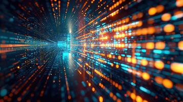 Abstract digital data stream with vibrant blue and orange lights in a futuristic environment photo