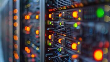Close-up view of illuminated server racks in a data center with vibrant lights and cables photo