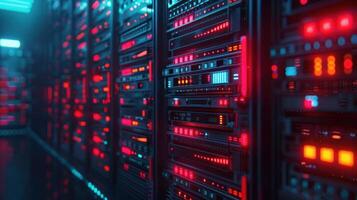 Futuristic data center with glowing servers and colorful lights, showcasing advanced technology photo