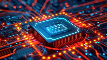 Close-up view of a glowing microchip on a vibrant circuit board with intricate patterns photo