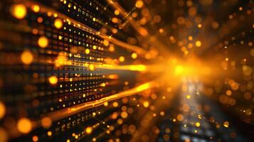 Abstract digital background with glowing particles radiating from a central light source photo