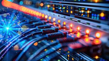 Vibrant close-up of illuminated server connections in a data center with a futuristic ambiance photo