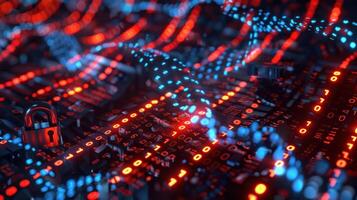 Abstract representation of digital data flow with vibrant red and blue lights, showcasing encryption photo