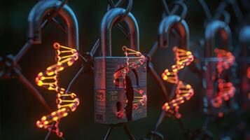 Close-up of padlocks on a fence illuminated by glowing DNA strands, symbolizing security and science photo