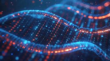 Abstract representation of flowing data streams with glowing binary code in a digital environment photo
