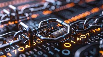 Close-up of a locked chain against a digital background with binary code and glowing elements photo