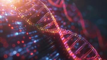 Colorful close-up of a DNA double helix structure with vibrant lights and blurred background photo