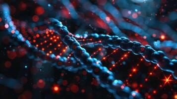 Abstract visualization of DNA strands with glowing nodes and particles in a dark background photo