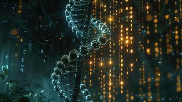 Abstract visualization of DNA strands surrounded by glowing binary code in a lush environment photo
