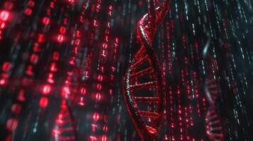 Abstract representation of DNA strands intertwined with digital binary code in a dark environment photo