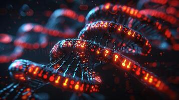 Abstract visualization of digital DNA strands illuminated with red and blue lights in a dark background photo