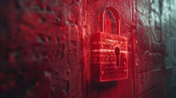 A close-up of a red padlock on a wet, textured wall, suggesting security and mystery photo