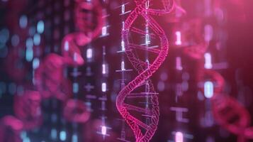 Abstract visualization of DNA strands with glowing elements in a digital space, representing science photo