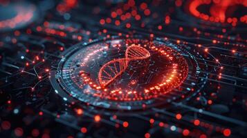 Abstract representation of DNA strands on a futuristic circuit board with glowing elements photo