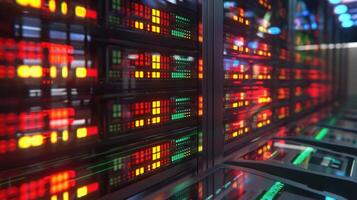 Vibrant data center interior with illuminated server racks showcasing technology in action photo