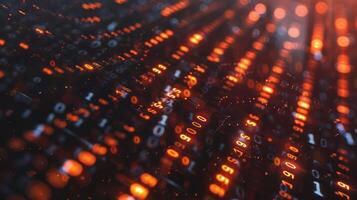 Abstract representation of flowing binary code illuminated by glowing particles in a digital environment photo