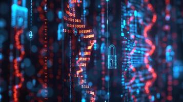 Abstract representation of digital security with binary code and lock symbols in a tech environment photo