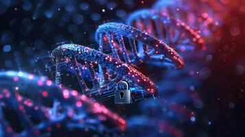 Abstract representation of DNA strands with a digital lock symbolizing genetic security and privacy photo