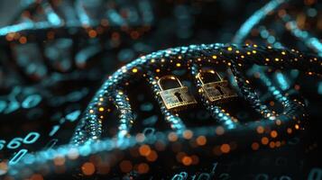 Close-up of intertwined digital locks and binary code, symbolizing cybersecurity and data protection photo