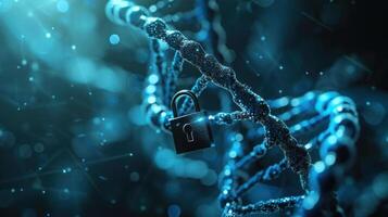 Digital representation of DNA strand with a padlock symbolizing genetic security and privacy photo