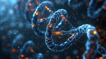 Close-up view of DNA strands illuminated with glowing particles, showcasing molecular structure in a scientific background photo