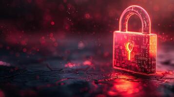 Glowing digital padlock on cracked surface with red bokeh background, symbolizing security photo