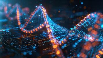 Abstract representation of DNA strands intertwined with digital data, showcasing technology's influence photo