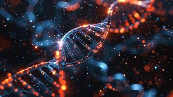 Abstract representation of a DNA double helix illuminated by vibrant particles in a cosmic background photo